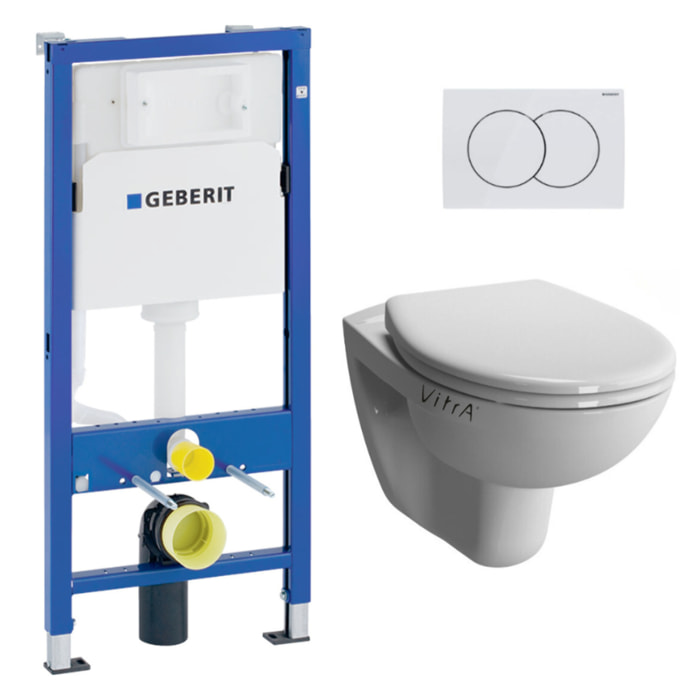 Pack Bati-support Geberit Duofix 112cm + WC suspendu Vitra Normus + Abattant softclose + Plaque blanche (NormusGeb1)