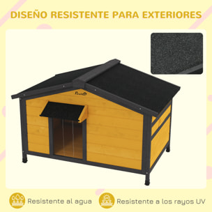 Caseta para Perros Exterior Casa para Perros Pequeños con Techo Asfáltico Abatible 2 Ventanas Puerta con Cortina y Base Extraíble 97x72x65 cm Madera Natural