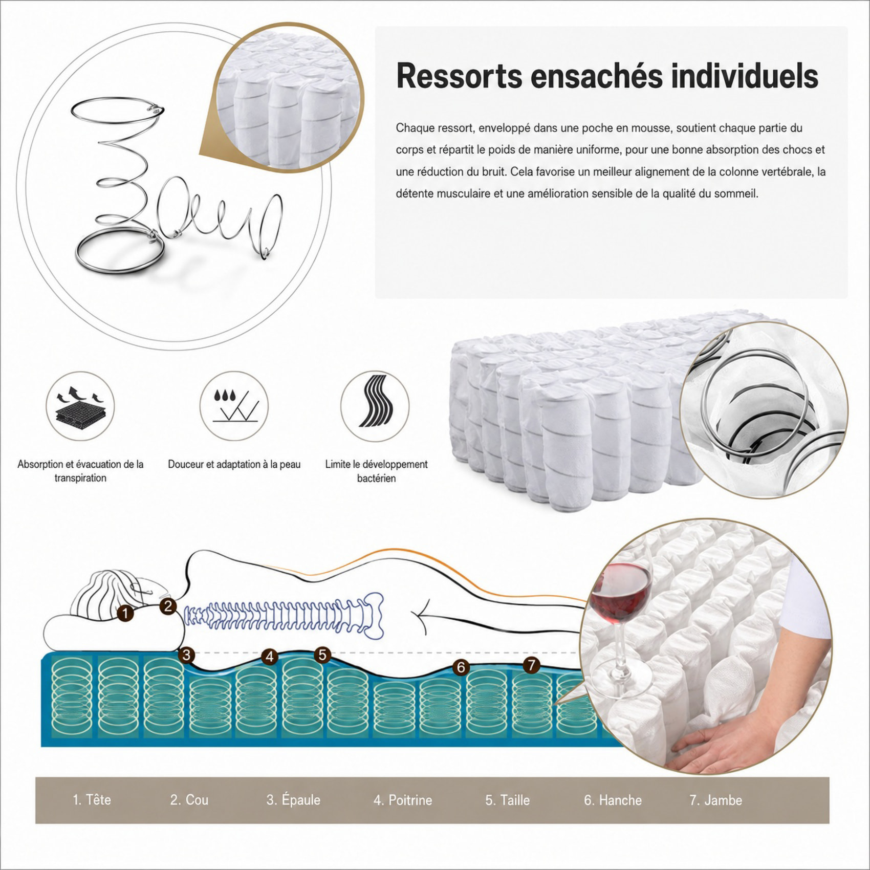 Matelas à ressorts ensachés de 25 cm en mousse - Blanc