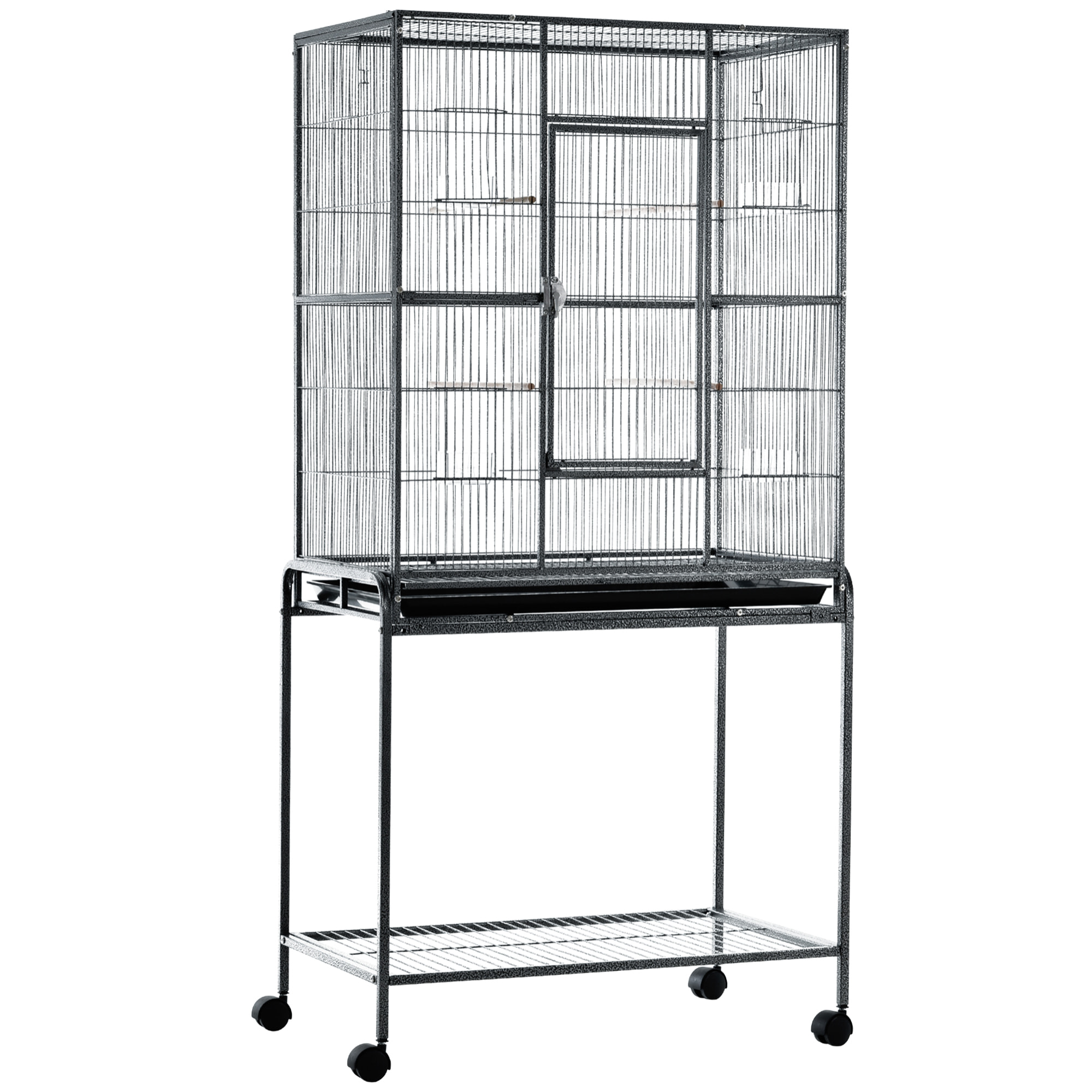 PawHut Cage à Oiseaux Portable avec 4 Mangeoires et 4 Perchoirs Pratique 81 x 48 x 163 cm Noir et Gris