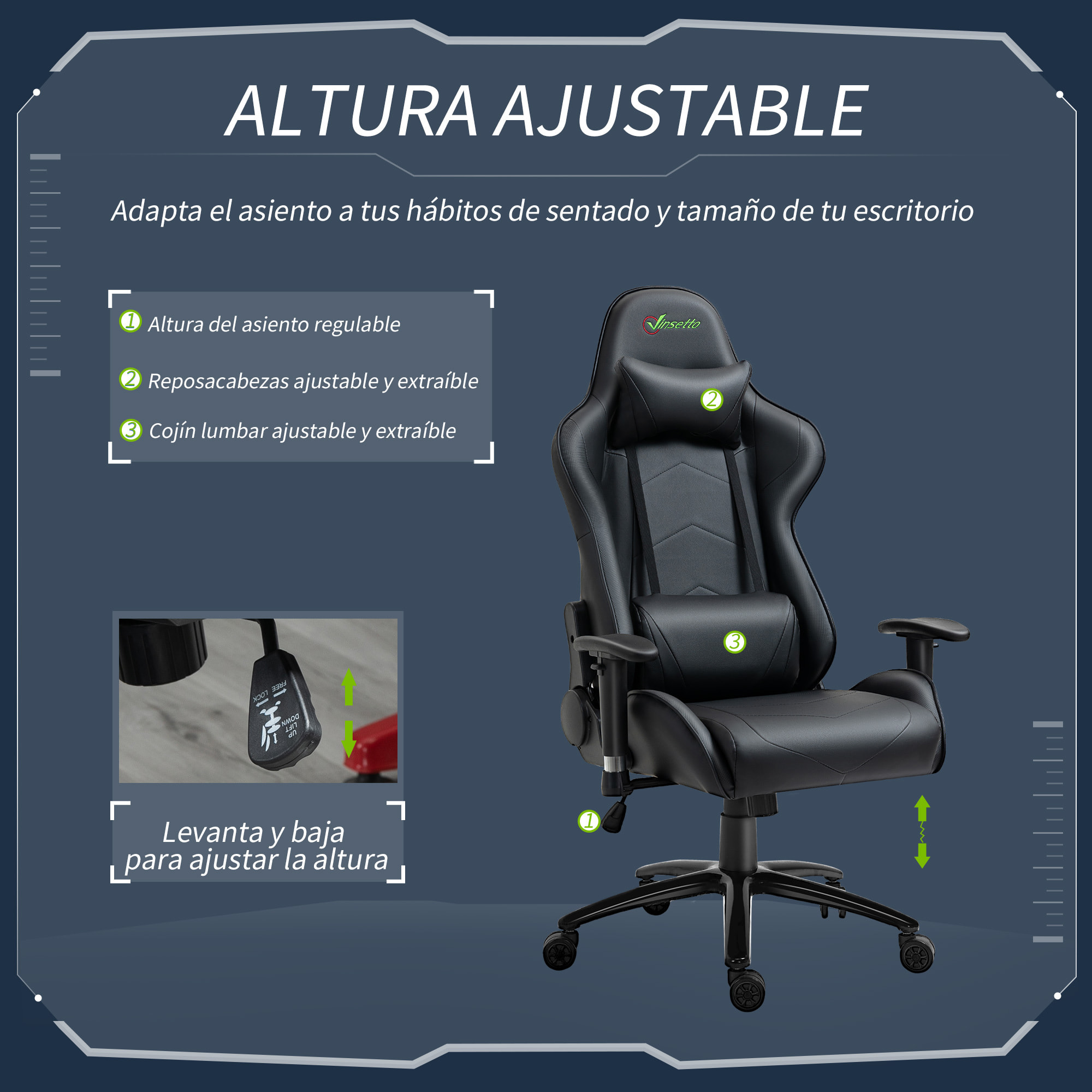 Vinsetto Silla Gaming Ergonómica Silla de Escritorio Giratoria Reclinable Altura Ajustable con reposabrazos 2D Regulable Reposacabezas y Cojín Lumbar Cuero Sintético 73x71x128-136 cm Negro