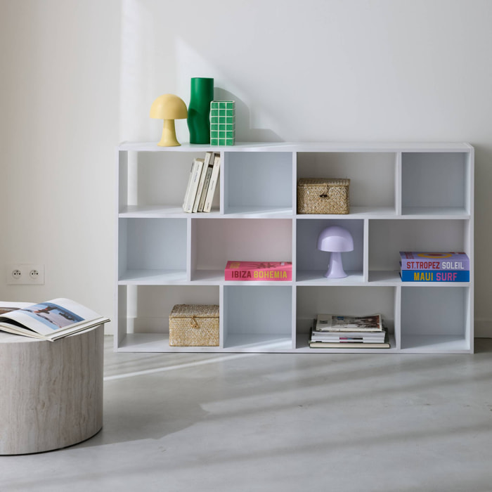Bibliothèque design asymétrique blanche. Pieter. 3 étagères. 12 compartiments de rangement