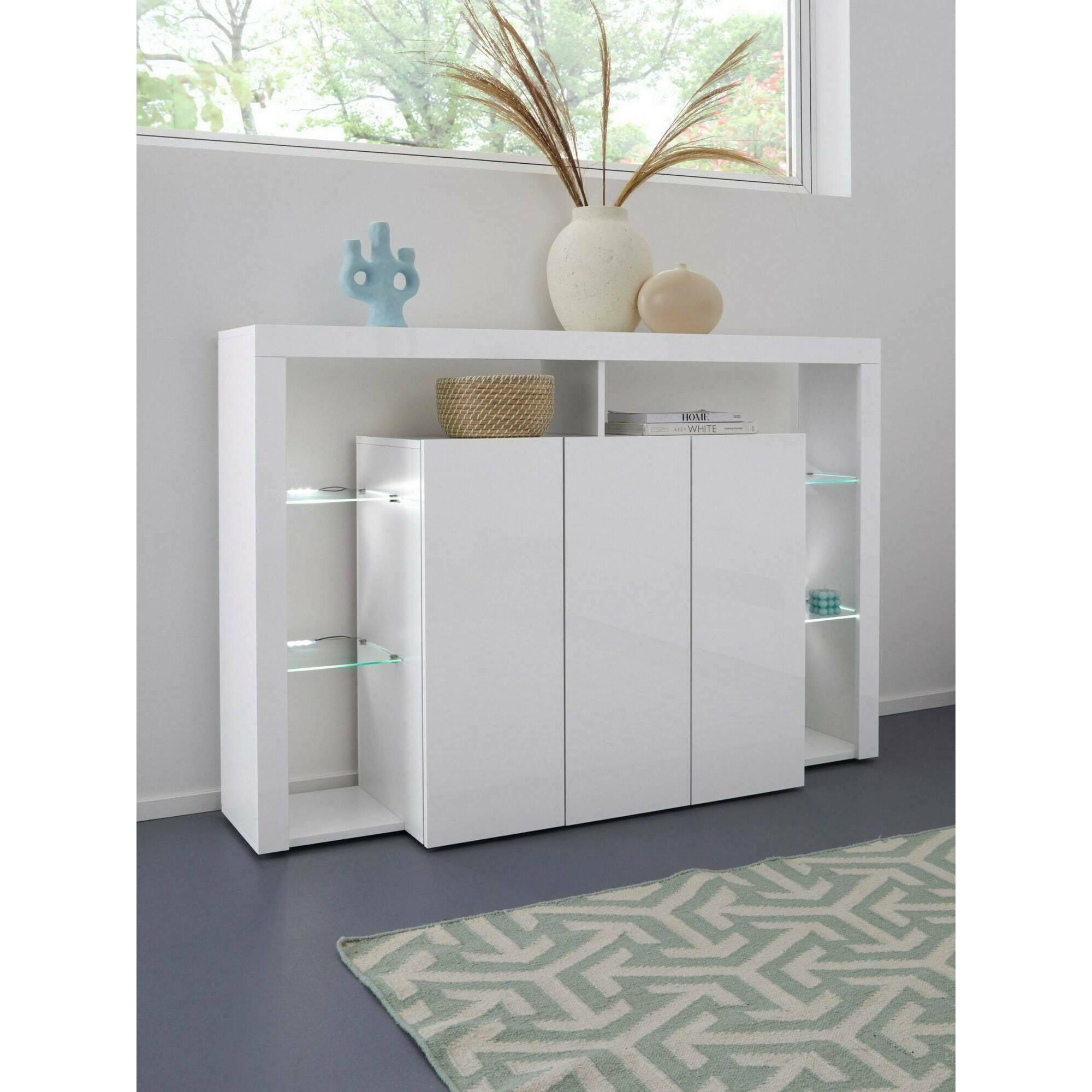 Credenza Ddacunh, Buffet da soggiorno a 3 ante, Madia da salotto, Credenza moderna, 100% Made in Italy, 150x40h100 cm, Bianco lucido