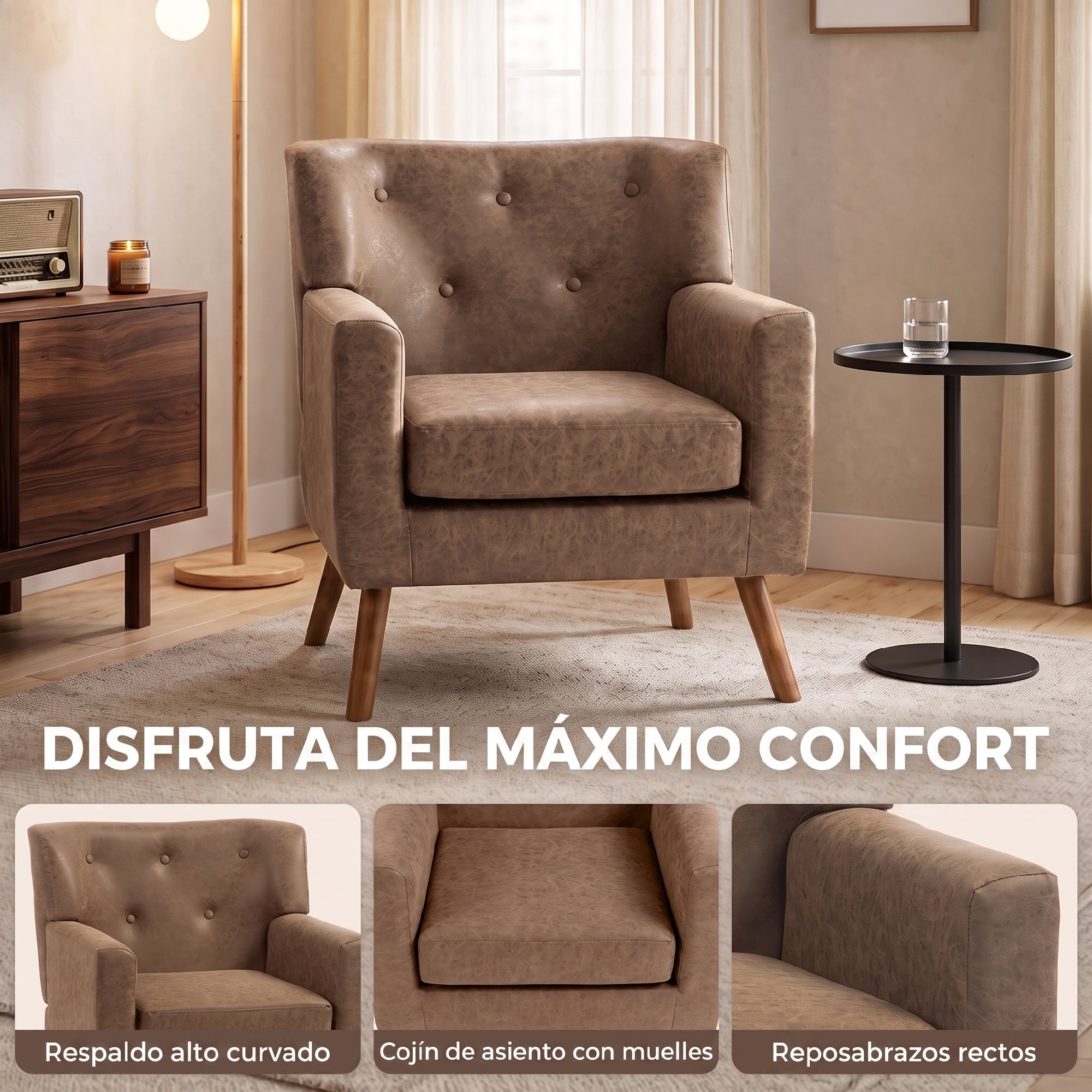 HOMCOM Sillón Relax, Sofá Individual, Tapizado en PU, Cojín de Asiento con Muelles, Respaldo Ancho Acolchado, Patas de Madera Maciza para Salón, Dormitorio y Oficina, 72x76x80 cm, Marrón