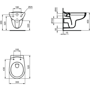 Pack WC Bati-support Geberit Duofix + Cuvette suspendue Porcher sans bride + Abattant Ideal Standard ASTOR + Plaque blanche (Por