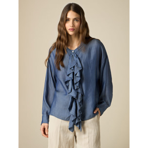 Oltre - Camicia in chambray con volant - Blu