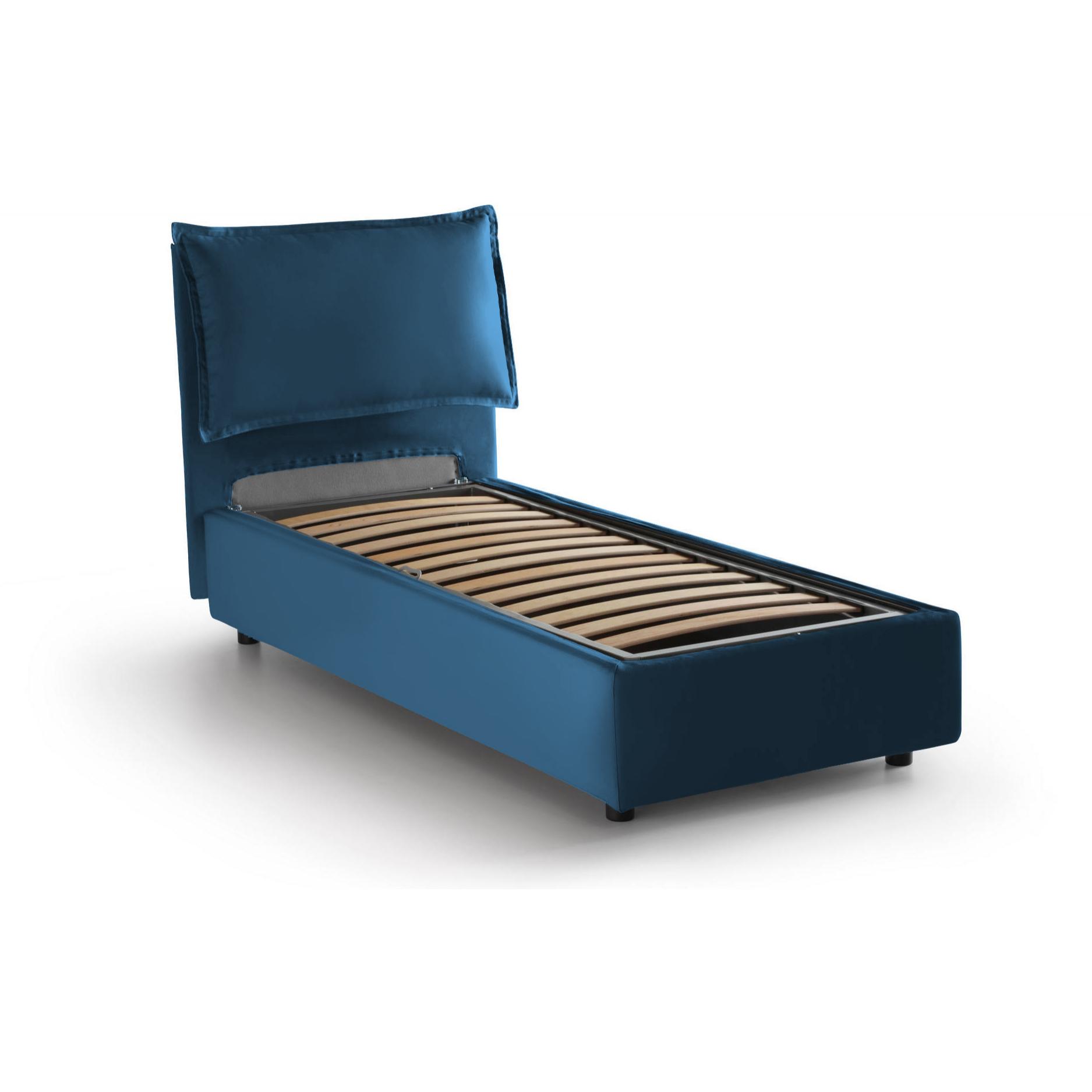 Letto singolo Luna, Letto contenitore con rivestimento in tessuto, 100% Made in Italy, Apertura laterale, adatto per materasso Cm 80x190, Blu