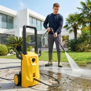 Hidrolimpiadora de Alta Presión 1600W, Presión 120 Bar, Caudal 390 L/h, con Bomba de Aluminio, Parada Automática, Manguera 3 m, Boquilla Ajustable, Ruedas para Hogar, Jardín, Coche, Amarillo