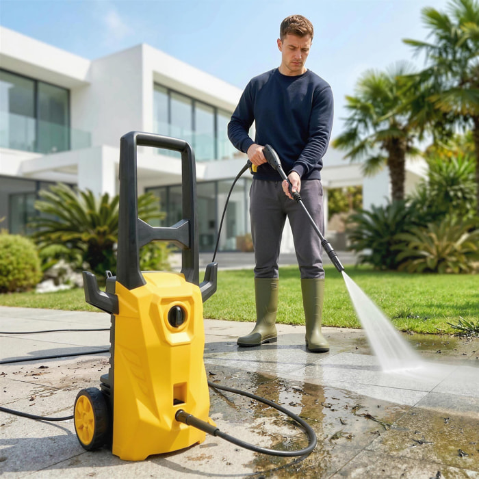 Hidrolimpiadora de Alta Presión 1600W, Presión 120 Bar, Caudal 390 L/h, con Bomba de Aluminio, Parada Automática, Manguera 3 m, Boquilla Ajustable, Ruedas para Hogar, Jardín, Coche, Amarillo