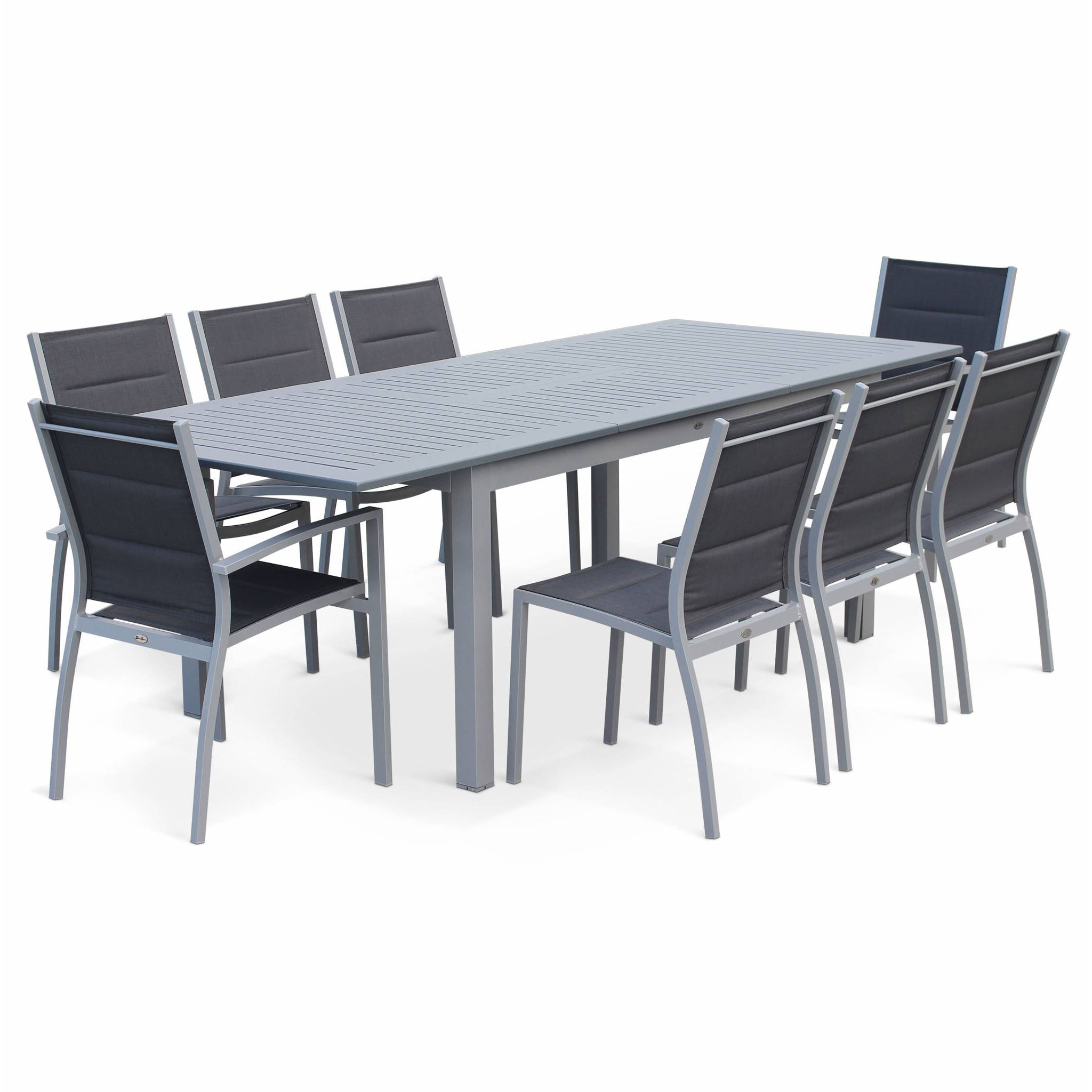 Table de jardin extensible aluminium + 8 assises - Chicago Gris - Table en aluminium 175/245cm avec rallonge et 8 assises en textilène