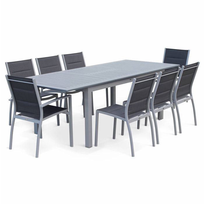 Table de jardin extensible aluminium + 8 assises - Chicago Gris - Table en aluminium 175/245cm avec rallonge et 8 assises en textilène