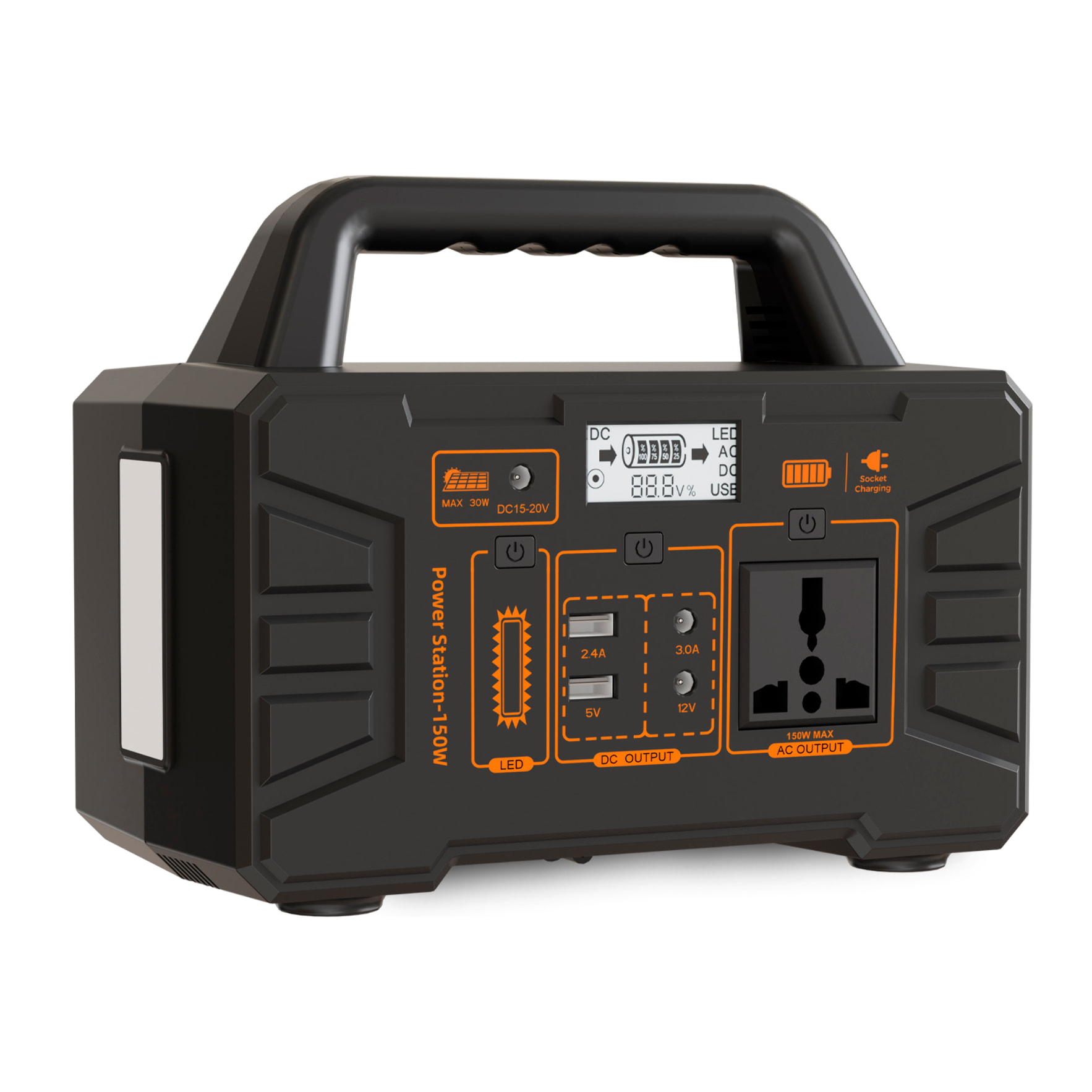 Estación de energía portátil EG017PB. 150W y batería de 12V 9Ah. Con panel solar de 20W incluido. Luz LED integrada con 4 modos.