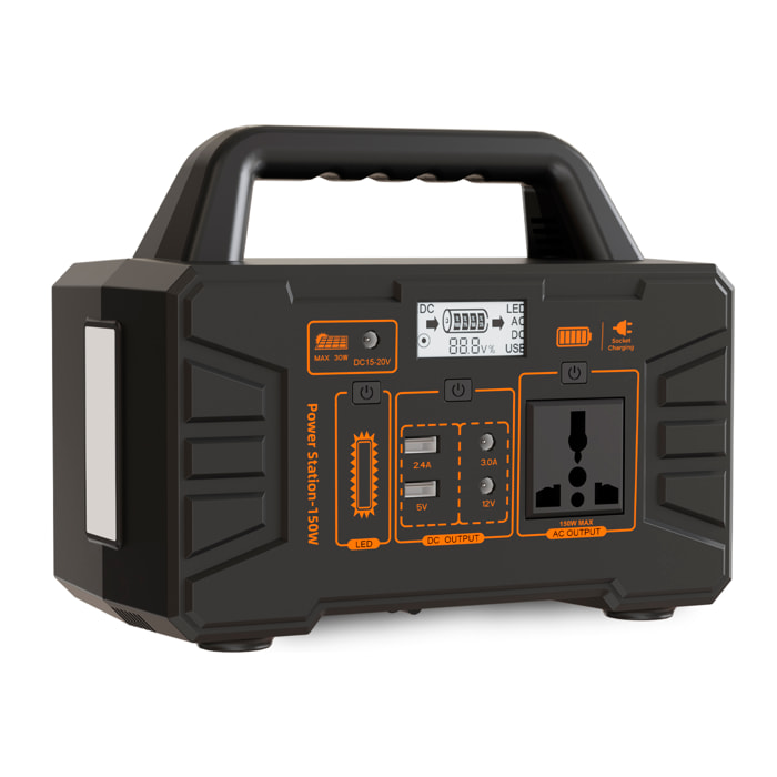 Estación de energía portátil EG017PB. 150W y batería de 12V 9Ah. Con panel solar de 20W incluido. Luz LED integrada con 4 modos.