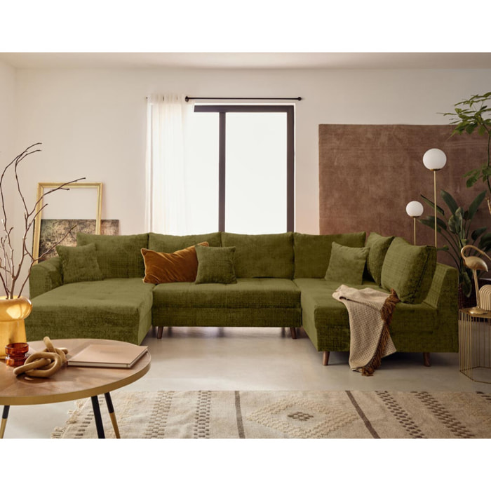 Rune - canapé panoramique d'angle droit 7 places en velours texturé - Vert Olive