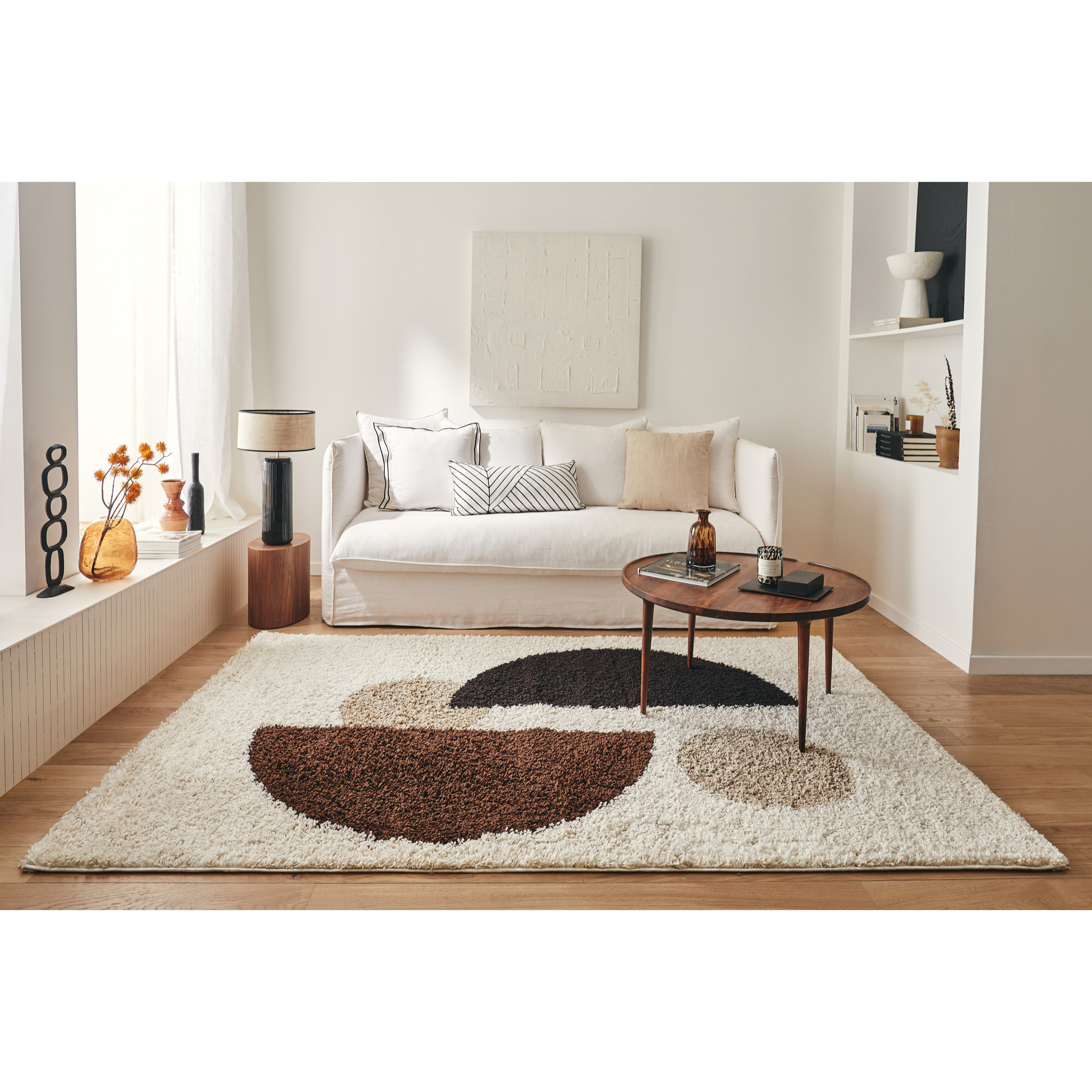 PALERME - Tapis shaggy à poils long à motif géométrique - Marron, Beige, Café et Crème