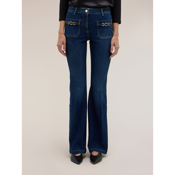 Motivi - Jeans flare de tiro alto con aplicación de joya - Azul