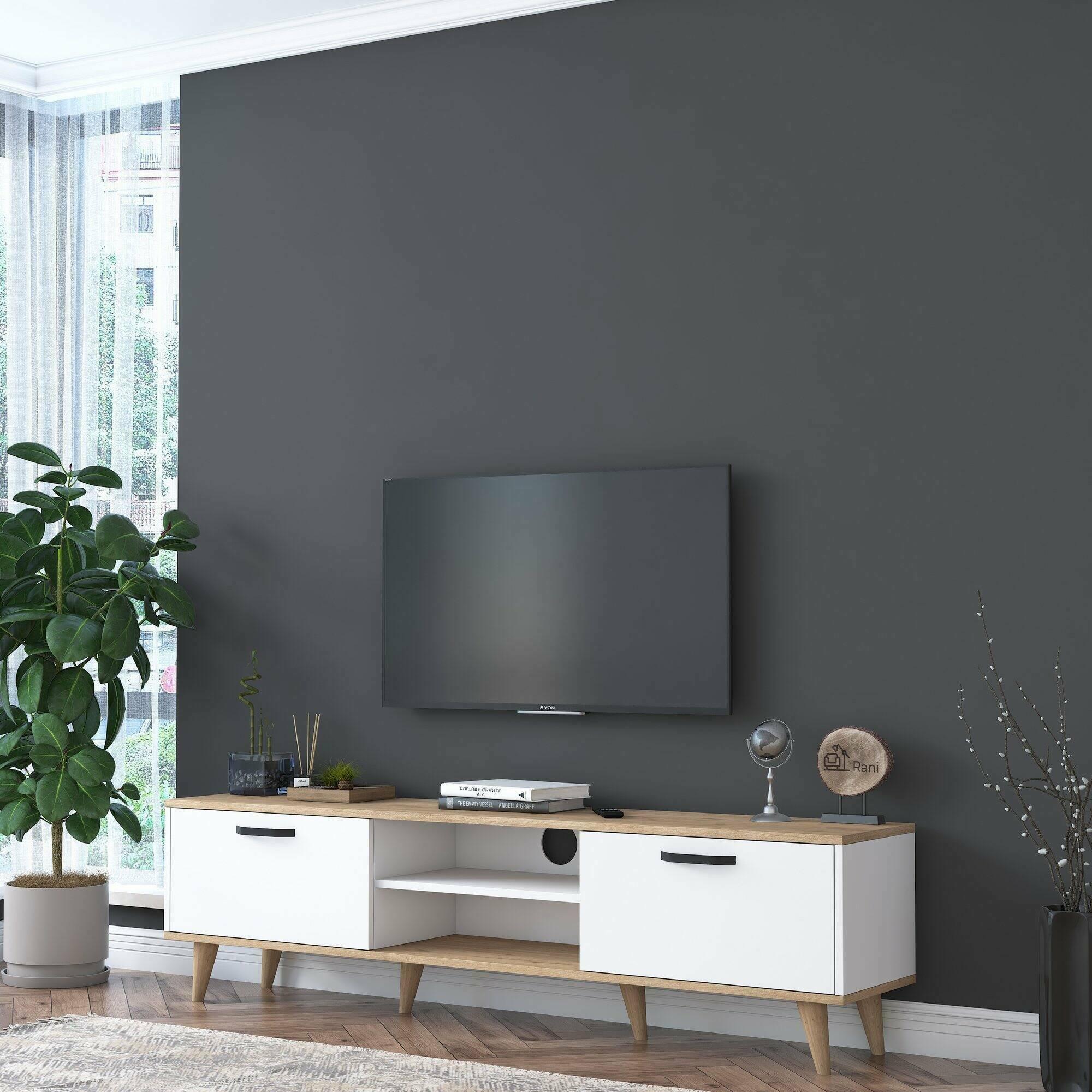 Mobile porta TV Dcastigli, Credenza da soggiorno, Armadio basso per TV, Base parete attrezzata, 180x35h49 cm, Bianco e Noce