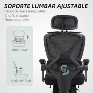 Silla de Escritorio de Malla Silla de Oficina Reclinable con Reposacabezas Soporte Lumbar Reposapiés y Altura Regulable Función de Basculante Carga 135 kg Negro