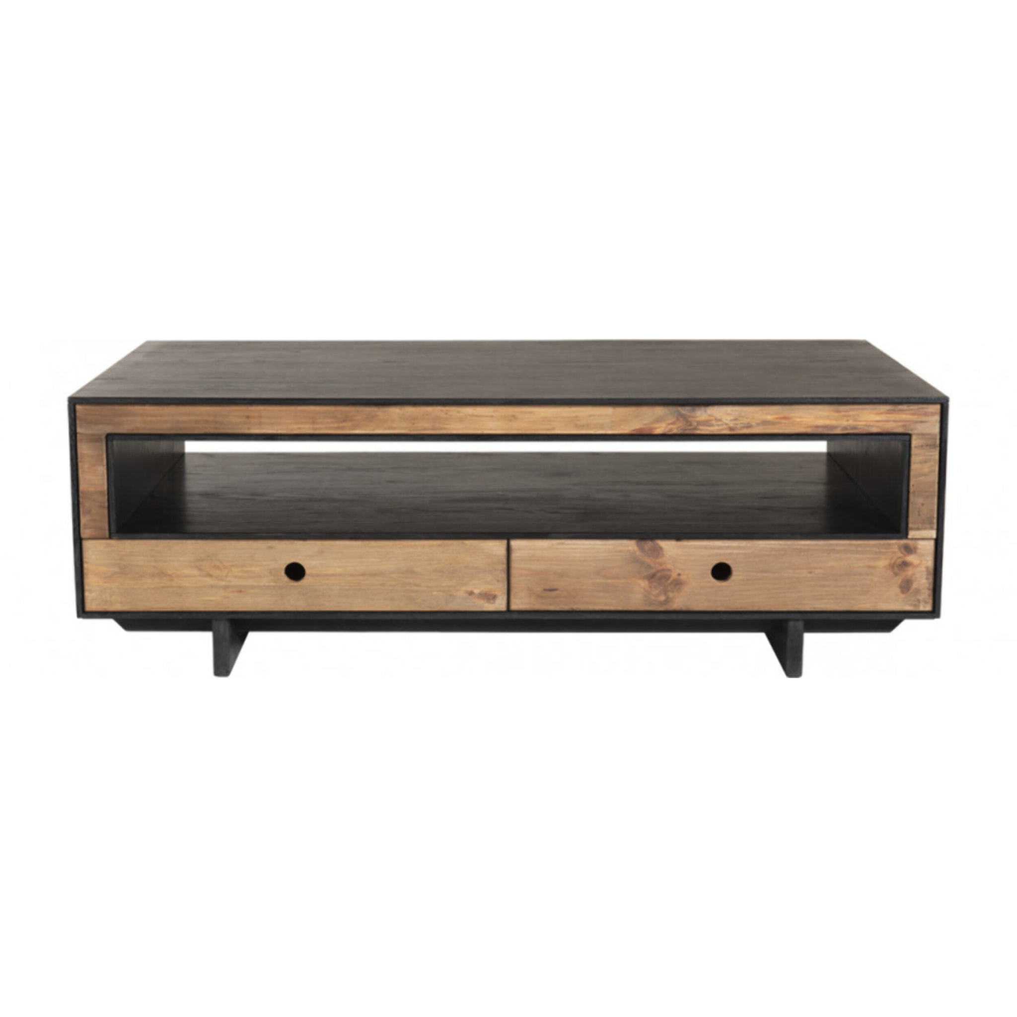 ANDREA - Table basse 4 tiroirs 1 niche bois Pin recyclé naturel et noir