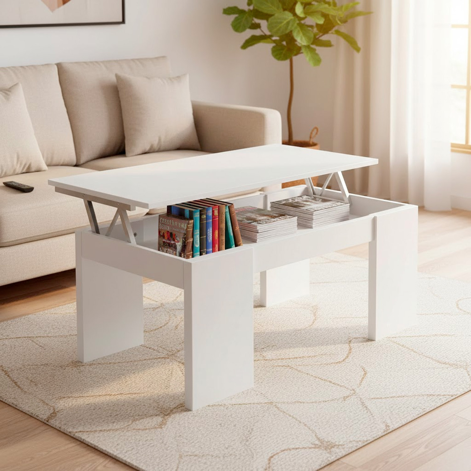 Tavolino Da Caffè Sollevabile Tavolo Da Salotto Rialzabile Salvaspazio Per Mangiare O Lavorare Dal Divano Con Piano Rialzabile 100 x 50 x 42 Cm Bianco