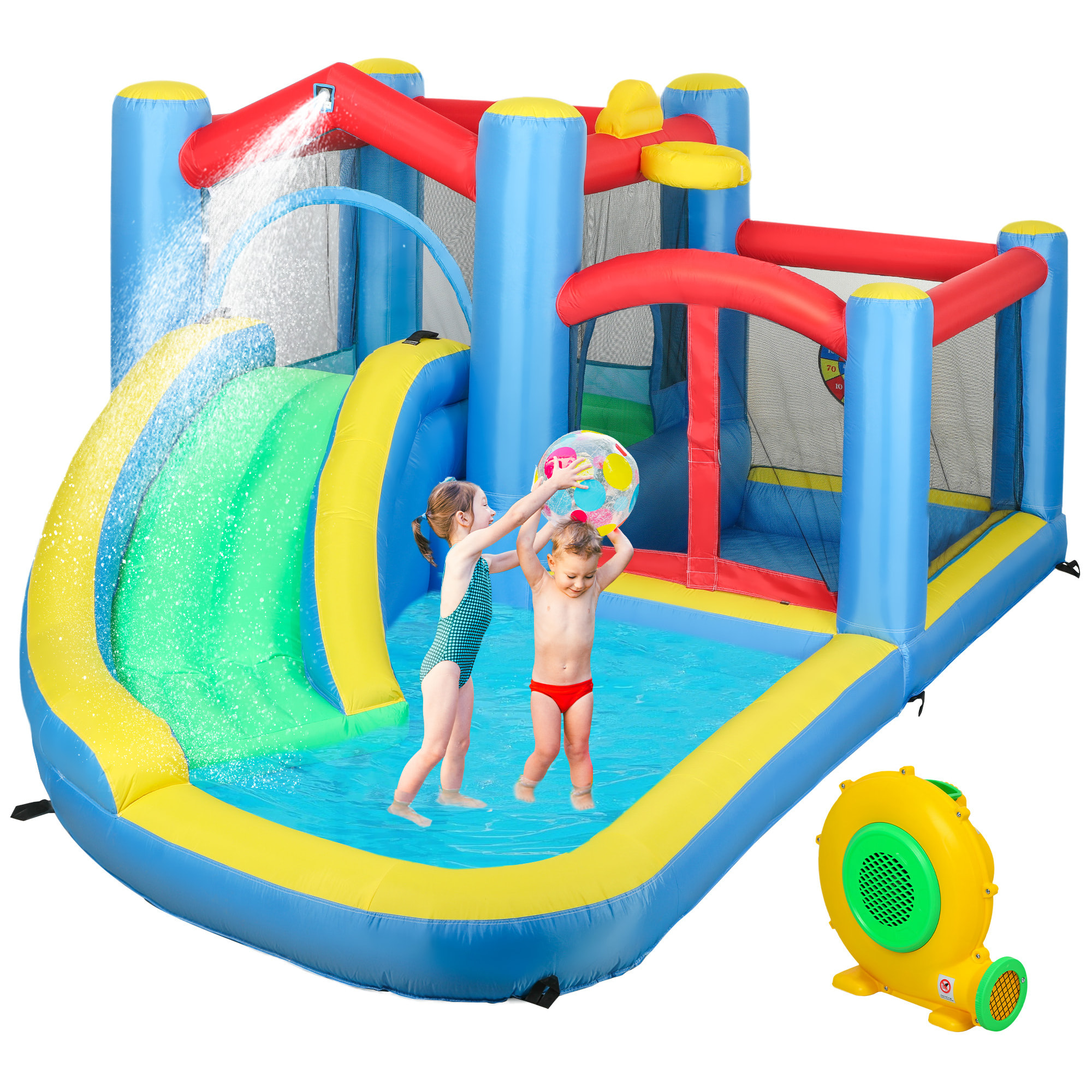 Castillo Hinchable con Soplador 5 en 1 Parque Acuático Hinchable para Niños con Tobogán Piscina Diana y Canasta para Exterior Interior 385x290x180 cm