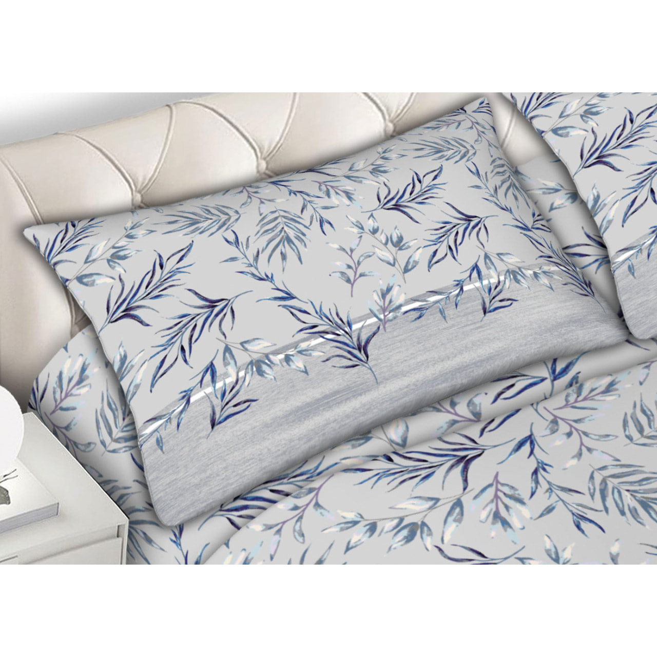 Completo Lenzuola In Calda Flanella Made in Italy Foliage Azzurro