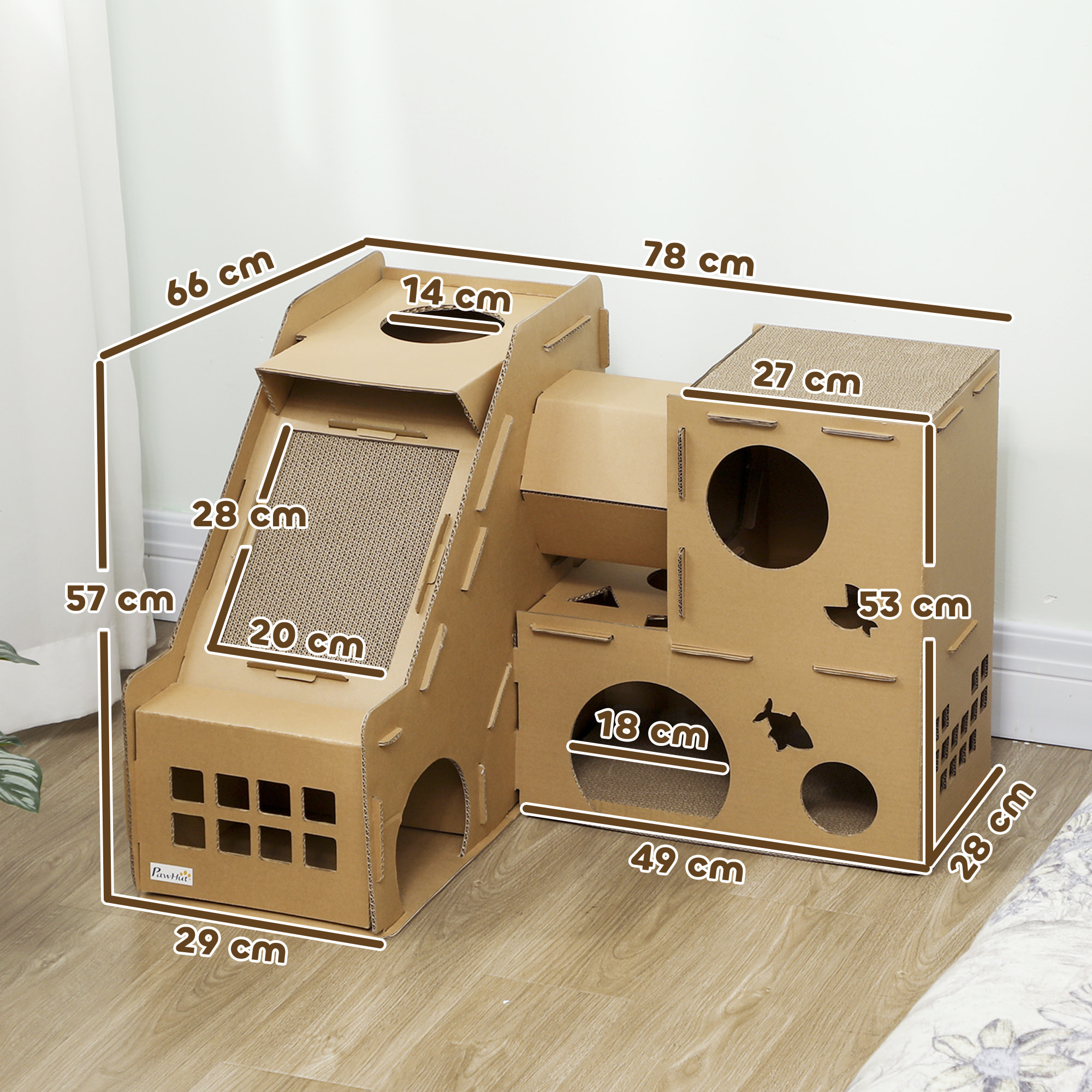 Casa para Gatos de Cartón, Forma Castillo, Rascador para Gatos de 2 Niveles con 3 Zonas de Rascado, Túnel, Rampa, Incluye Hierba, para Interior, Marrón