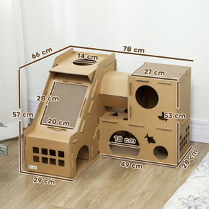 Casa para Gatos de Cartón, Forma Castillo, Rascador para Gatos de 2 Niveles con 3 Zonas de Rascado, Túnel, Rampa, Incluye Hierba, para Interior, Marrón