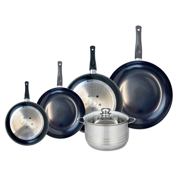 Ensemble de 4 Poêles de cuisson 20, 24, 28 et 32 cm et 1 faitout 20 cm Elo Prima Brillant