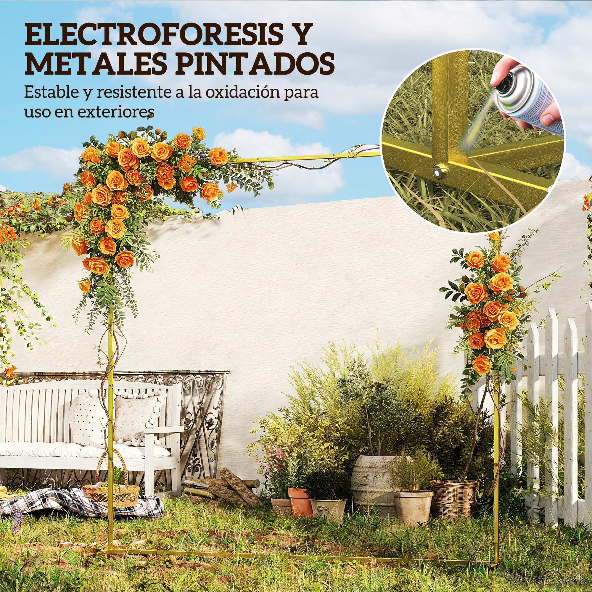 Arco de Jardín para Rosas de Metal, 200x200 cm, Arco de Boda Cuadrado con Estacas en Forma de U, Resistente a la Intemperie, para Plantas Trepadoras, para Decoración Patio Terraza, Dorado