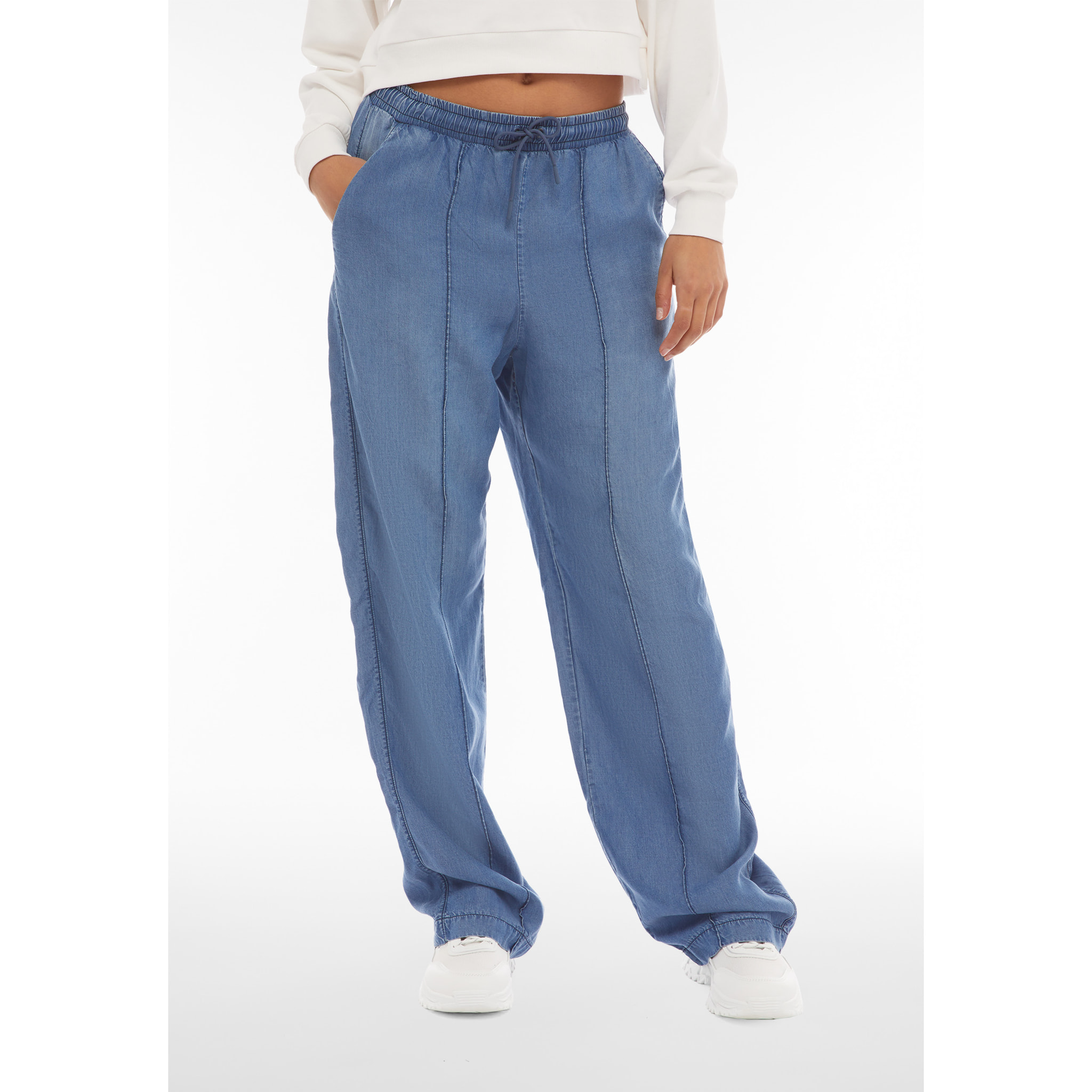 Pantaloni gamba ampia in tessuto chambray effetto denim