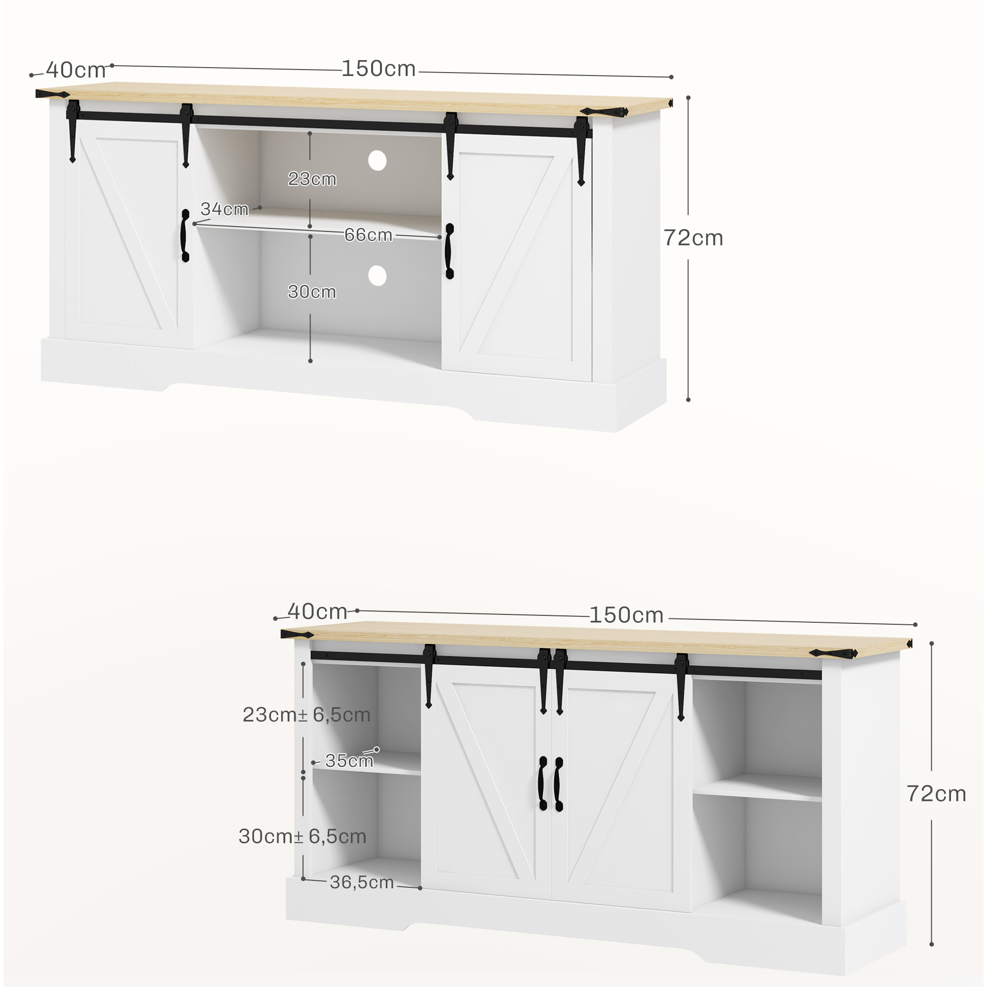 Buffet design 2 portes coulissantes 3 étagères - dim. 150L x 40l x 72H cm - blanc aspect bois clair