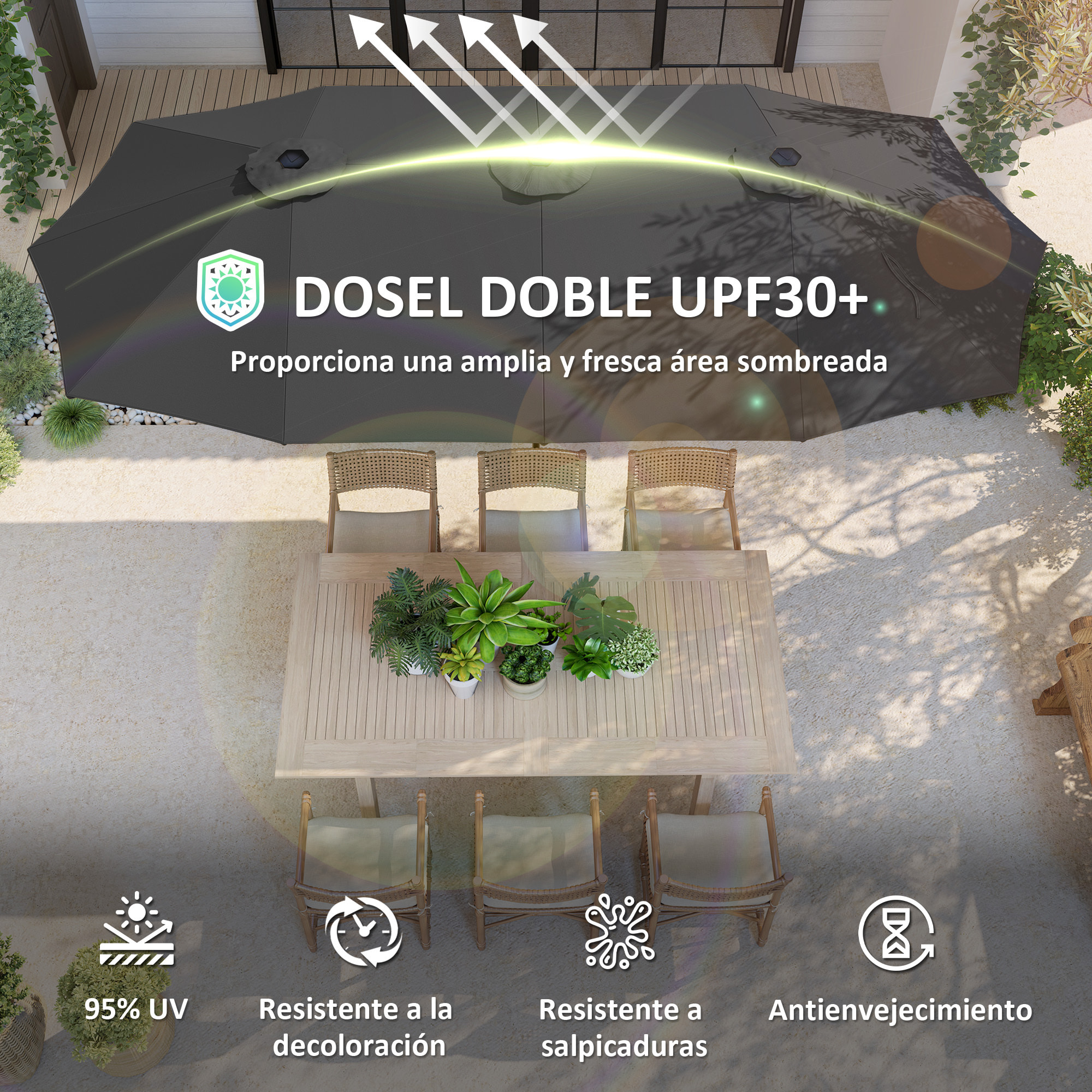 Sombrilla Doble 4x2,2 m Sombrilla Terraza Exterior con Manivela Manual Impermeable y Protección UV30+ Parasol Grande para Terraza Playa Piscina Gris Oscuro