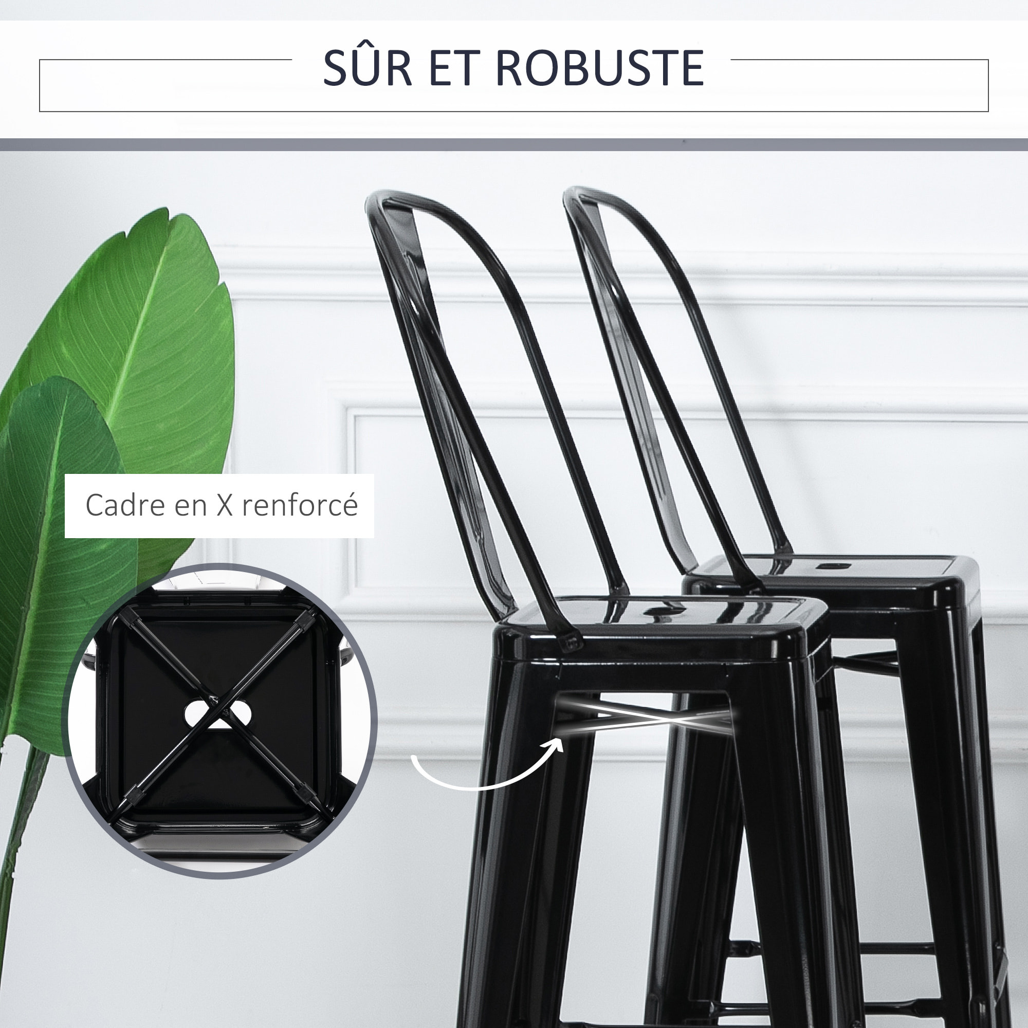 Lot de 4 tabourets de bar industriel avec dossier hauteur assise 76,5 cm métal noir