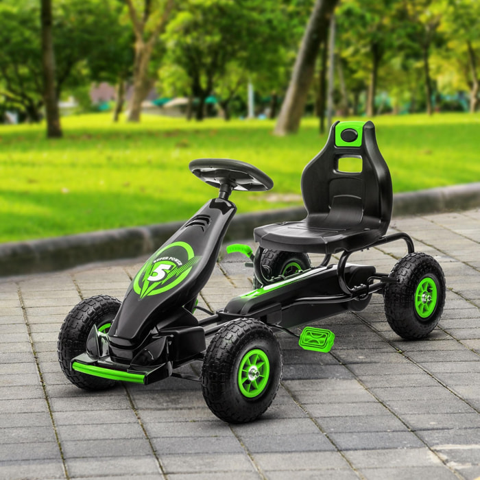 Kart à pédales enfant Go kart Formule 1 Racing Super Power 5 aileron avant pneus gonflables caoutchouc noir vert
