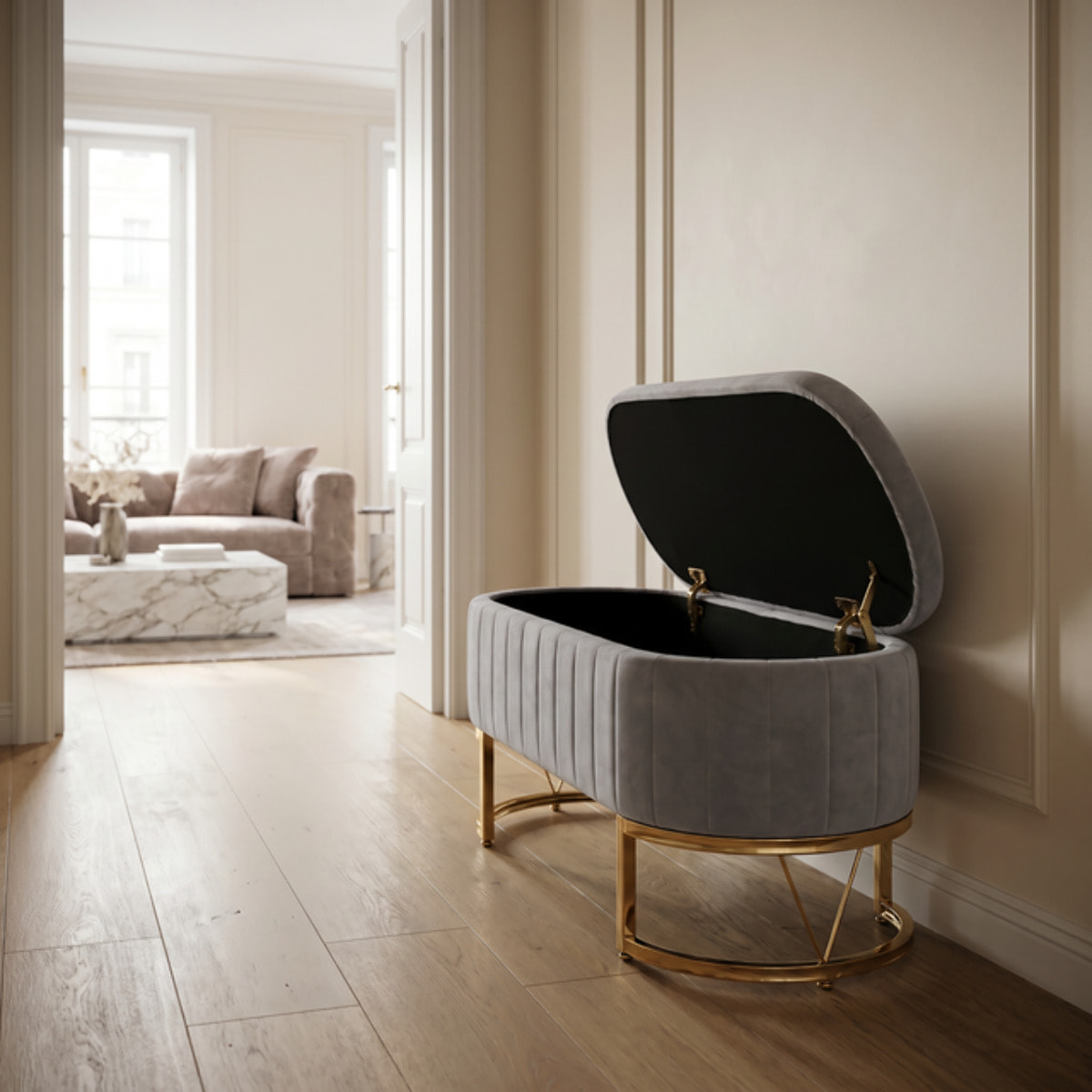 Panca Contenitore Ovale in Effetto Velluto con Ampio Vano Contenitore, Seduta Imbottita e Gambe in Acciaio, Design Elegante per Camera da Letto, Ingresso e Soggiorno