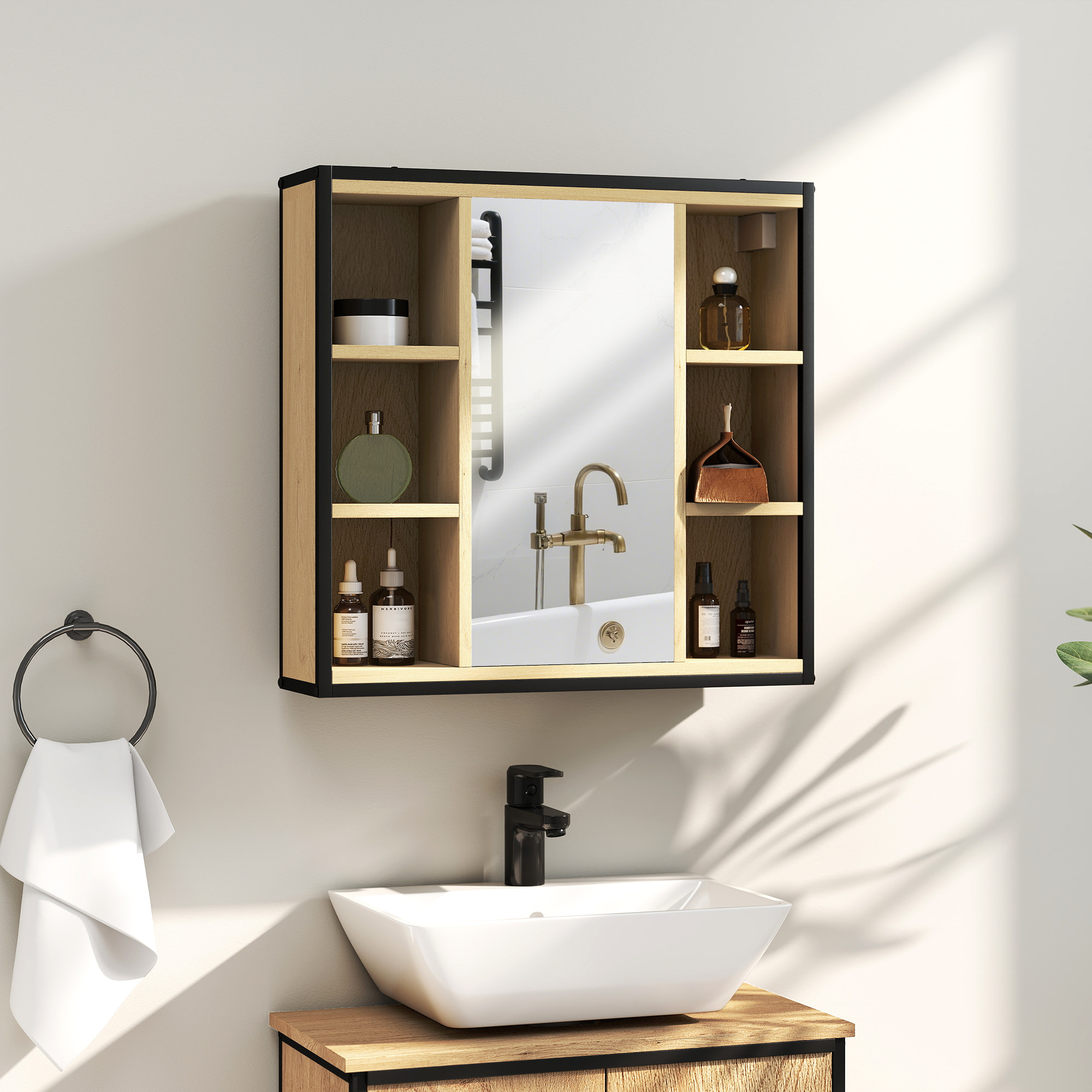 Armoire miroir murale salle de bain - 6 niches, porte, étagère - acier noir effet bois