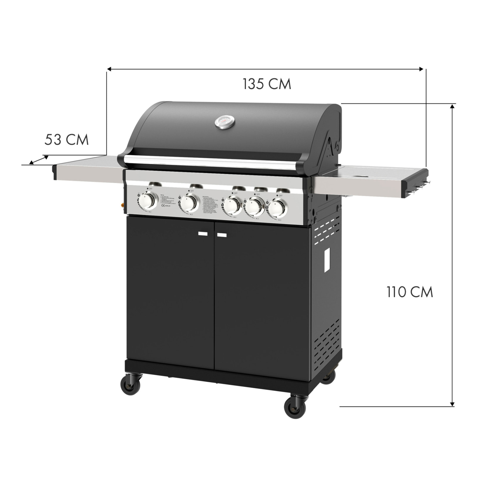 Barbacoa de gas para exteriores con 14,5 kW de potencia, compatible con butano y propano, 4 quemadores principales más 1 lateral.