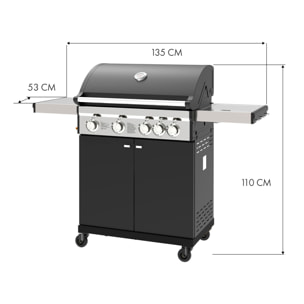 Barbacoa de gas para exteriores con 14,5 kW de potencia, compatible con butano y propano, 4 quemadores principales más 1 lateral.