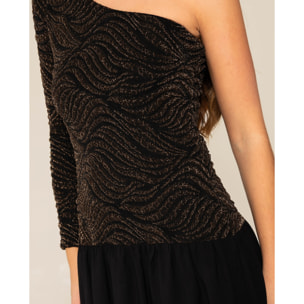 Vestido midi con cuerpo de punto brillante y falda de tafetán de mujer