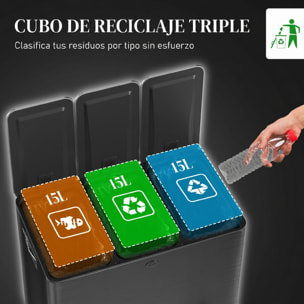 Cubo de Basura de Cocina con 3 Compartimentos 3x15L Papelera de Cocina de Acero Inoxidable con Pedales Tapas de Cierre Suave y Cubo Extraíble para Reciclaje Residuos Restos de Comida Negro