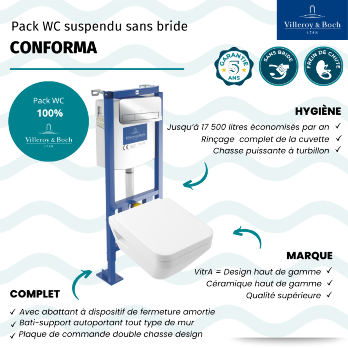 Pack WC suspendu sans bride Villeroy & Boch Architectura Twistflush [e³] rectangle+bâti-support ViConnect+plaque chrome brillant