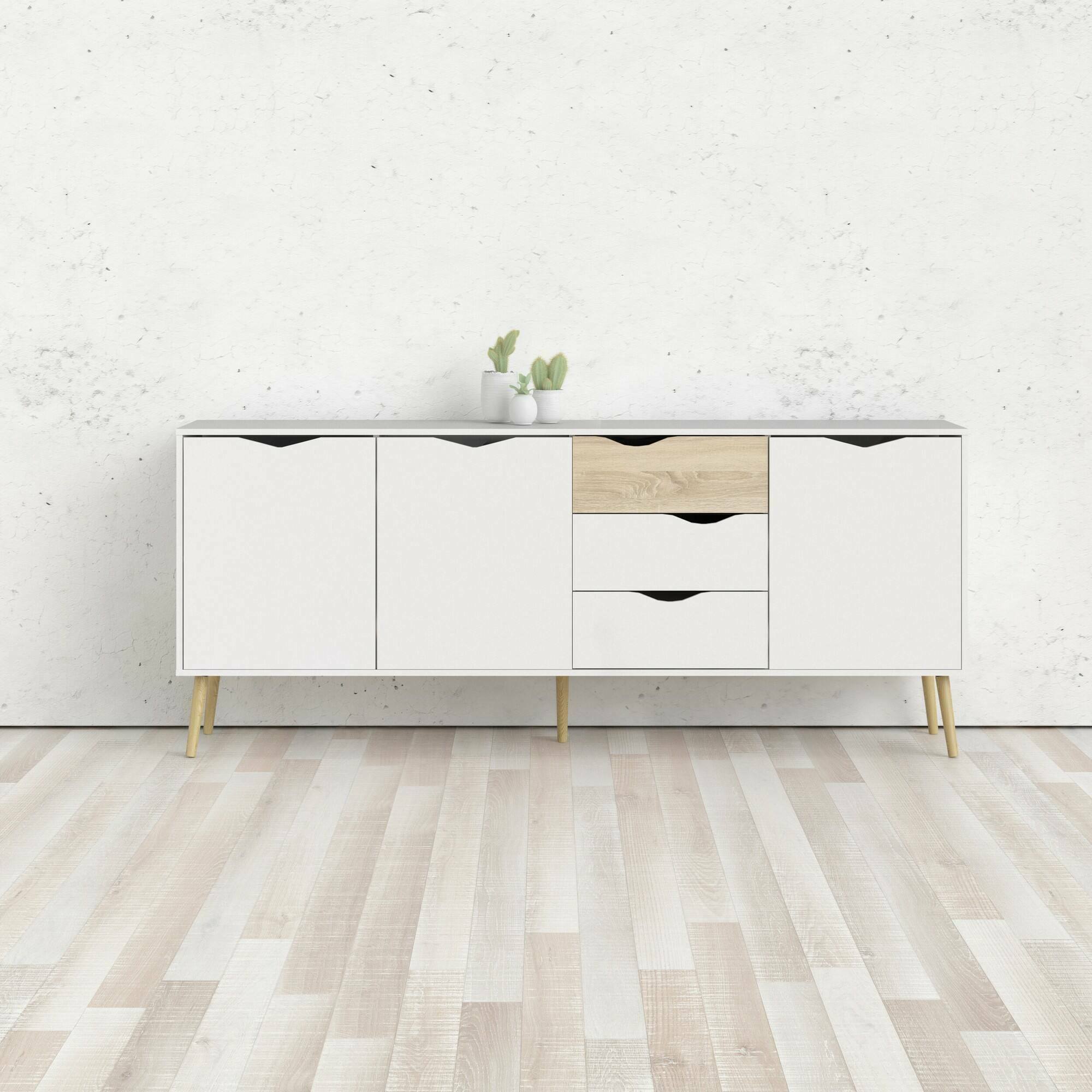 Credenza a tre a ante e tre cassetti, colore bianco e rovere, Misure 195 x 81 x 39 cm