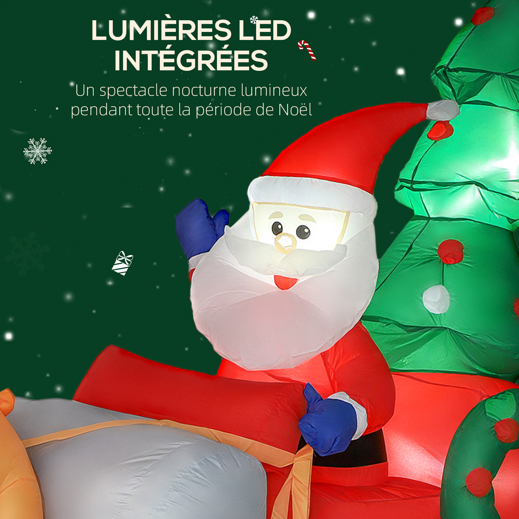 Traîneau Père Noël gonflable LED avec 2 rennes - matériel fixation et souffleur inclus - polyester