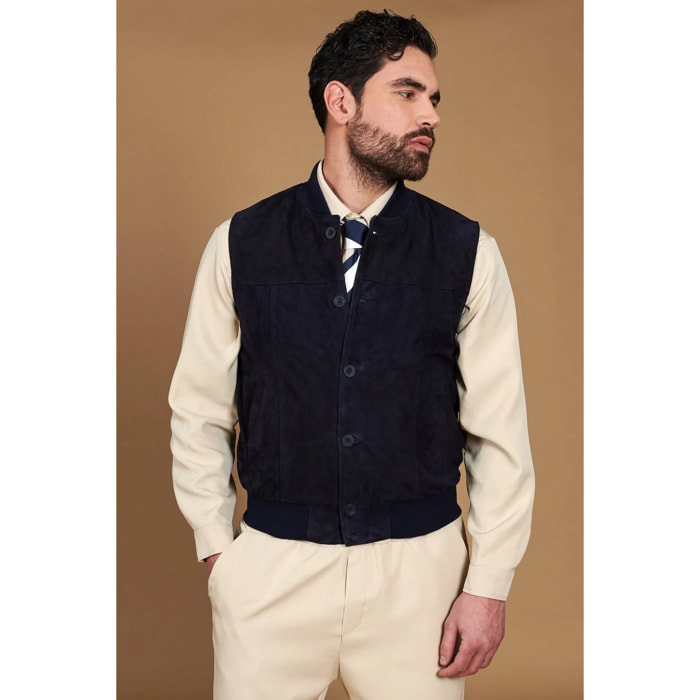 Gilet in pelle camoscio blu con bottoni