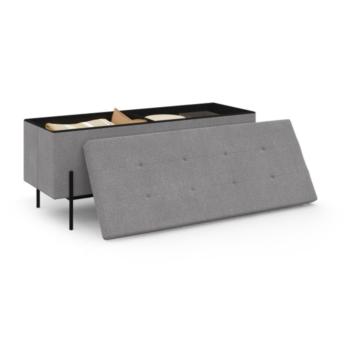 Banc coffre avec pieds noirs Loan en tissu gris 100cm
