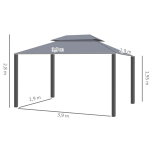 de Jardín 4x3 m, Pabellón de Jardín Gazebo con Doble Techo, 4 Cortinas y Mosquitera, Marco de Aluminio, Orificios de Drenaje, UPF50+, Carpa para Exterior, Terraza, Patio, Gris