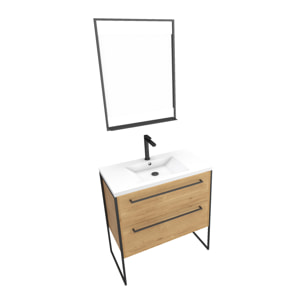 Pack Meuble SDB 80cm sur pieds 2 tiroirs Chene - Vasque resine blanche + Miroir Led