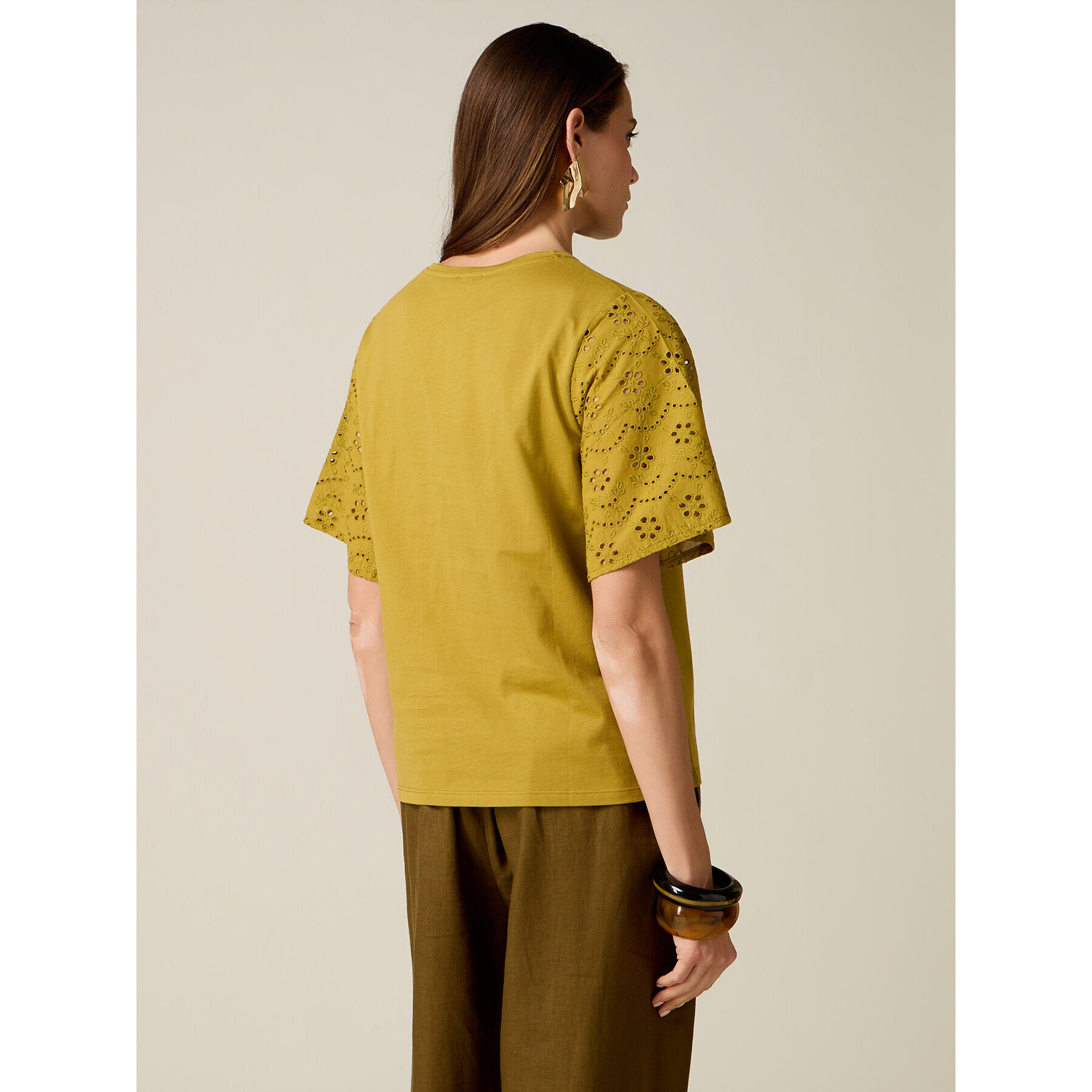 Oltre - T-shirt con maniche in sangallo - Giallo