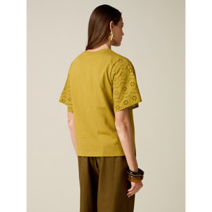 Oltre - T-shirt con maniche in sangallo - Giallo
